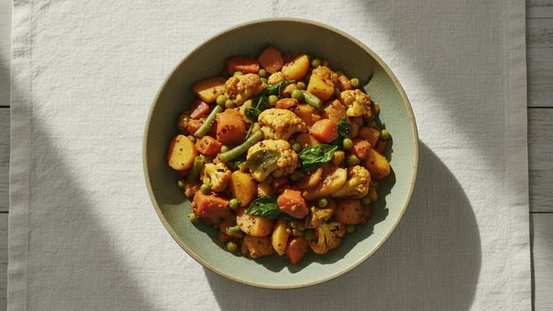 Mixed Vegetable Sabzi (Mishrita Shaka) — whole and prepared form, top-down still life