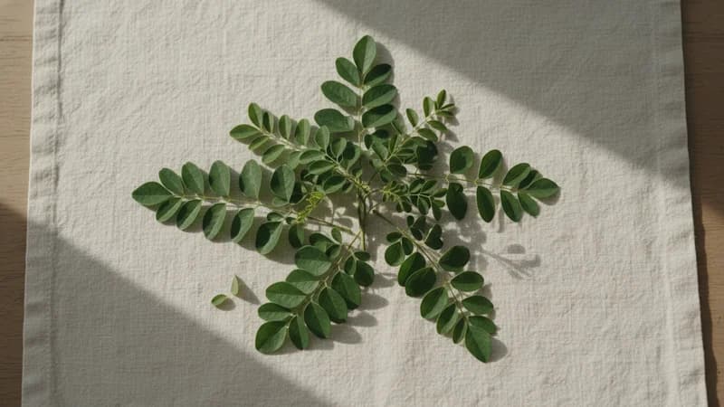 Moringa Leaves (Shigru Patra) — whole and prepared form, top-down still life