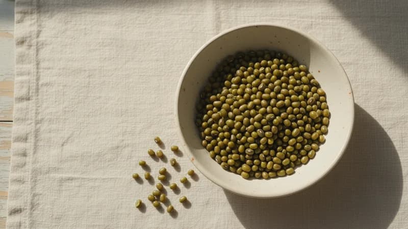 Mung Beans (Whole) (Mudga) — whole and prepared form, top-down still life