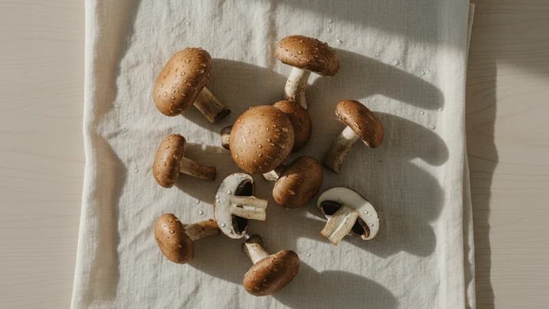 Mushroom (Chhatraka) — whole and prepared form, top-down still life