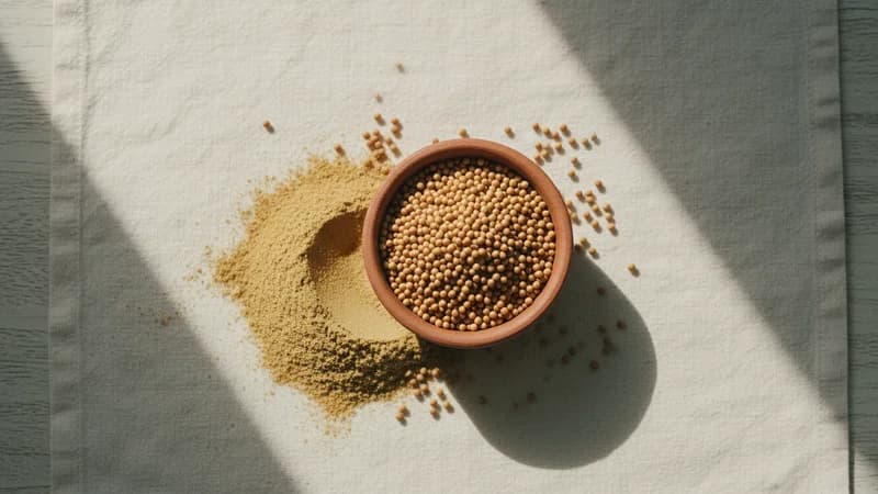 Mustard Seeds (Rajika) — whole and prepared form, top-down still life