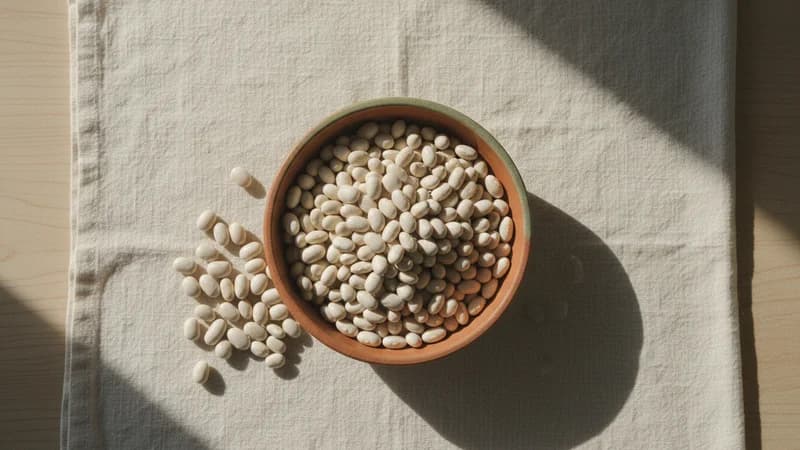 Navy Beans (Shveta Rajmasha) — whole and prepared form, top-down still life
