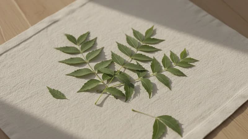 Neem (Nimba) — whole and prepared form, top-down still life