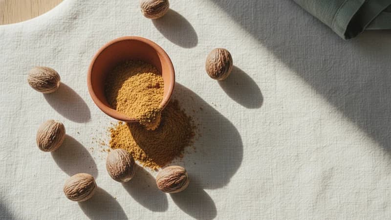 Nutmeg (Jatiphala) — whole and prepared form, top-down still life