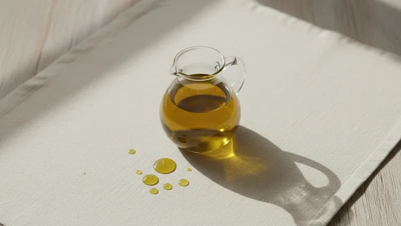 Olive Oil (Jaituna Taila) — whole and prepared form, top-down still life