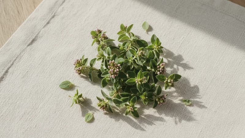 Oregano (Sathra) — whole and prepared form, top-down still life