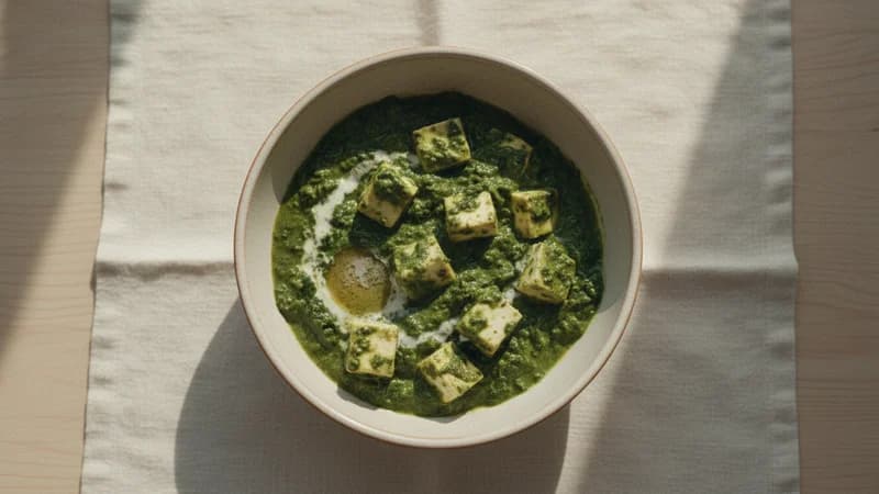Palak Paneer (Palak Paneer) — whole and prepared form, top-down still life