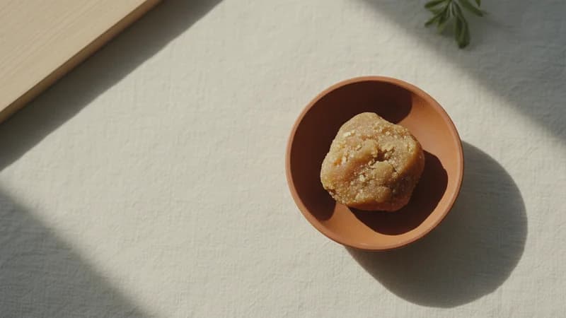 Palm Sugar (Tala Guda) — whole and prepared form, top-down still life