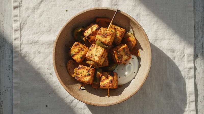 Paneer Tikka (Paneer Tikka) — whole and prepared form, top-down still life