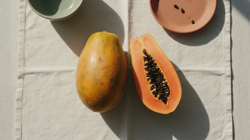 Papaya (Erandakarkati) — whole and prepared form, top-down still life