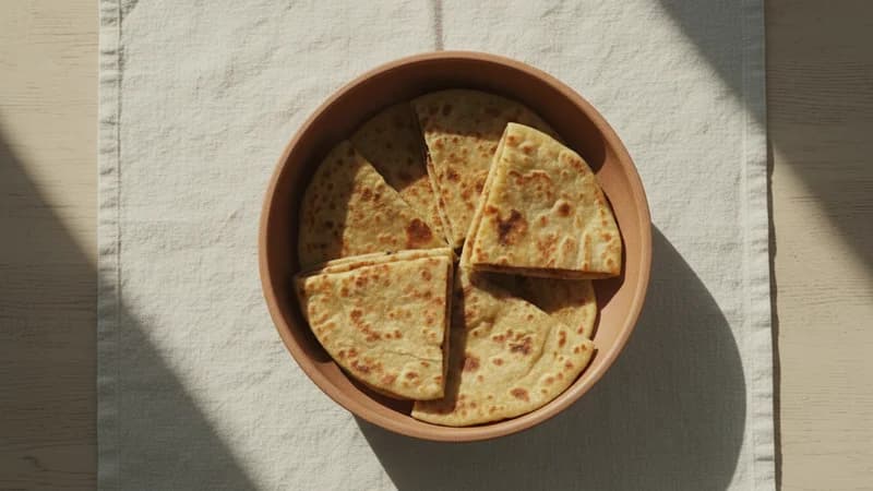 Paratha (Parota) — whole and prepared form, top-down still life