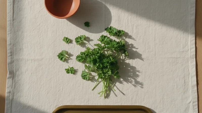 Parsley (Ajamoda) — whole and prepared form, top-down still life