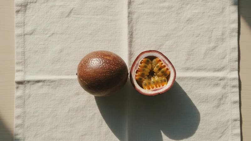 Passion Fruit (Krishna Phala) — whole and prepared form, top-down still life