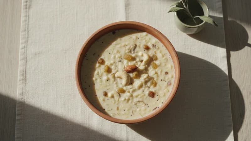 Payasam (Kheer) (Payasa) — whole and prepared form, top-down still life