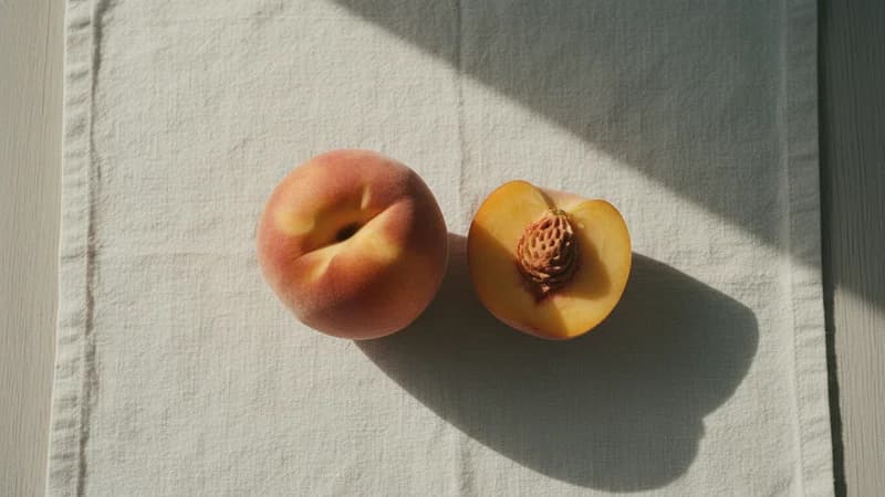 Peach (Aaru) — whole and prepared form, top-down still life