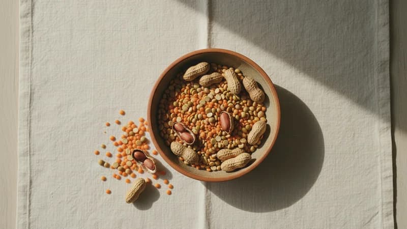 Peanuts (Bhuchana) — whole and prepared form, top-down still life