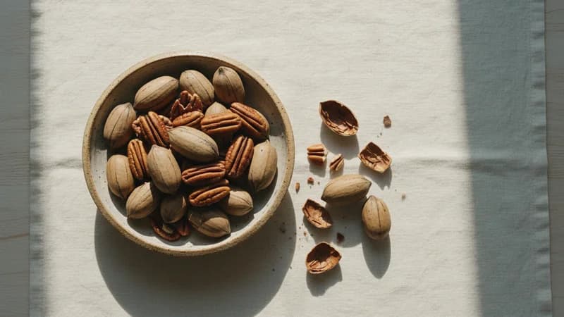 Pecans (Pekan) — whole and prepared form, top-down still life