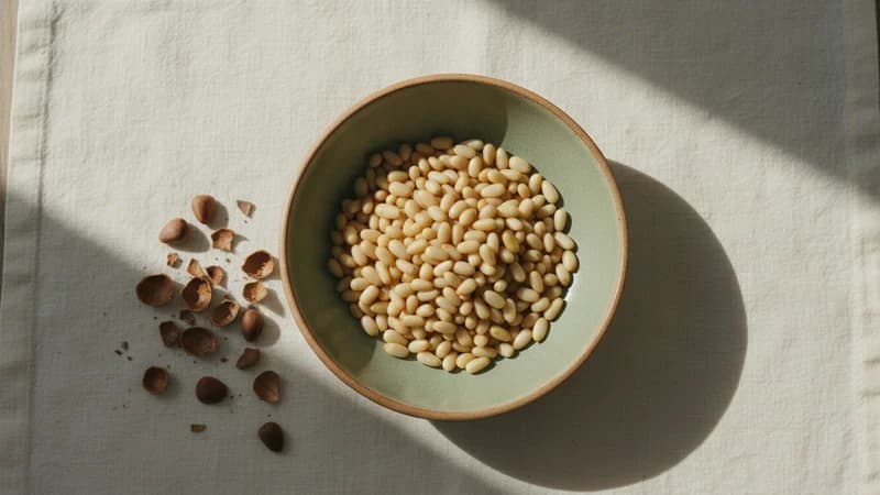 Pine Nuts (Chilgoza) — whole and prepared form, top-down still life