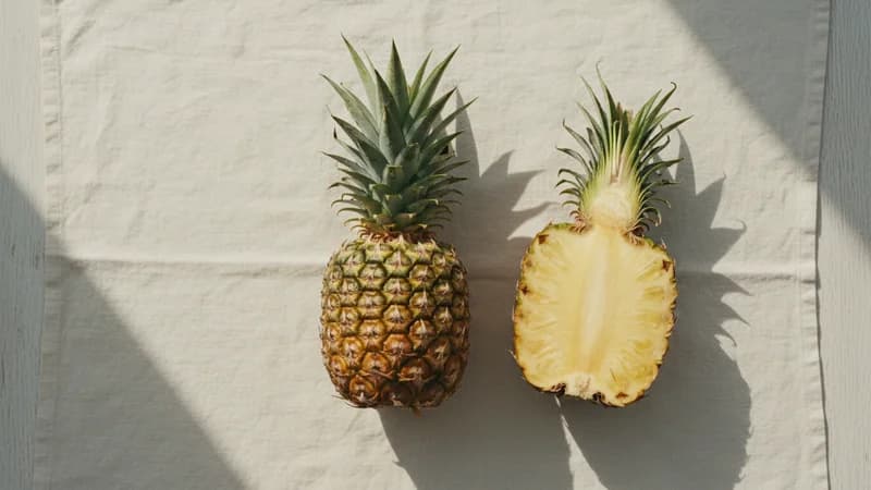 Pineapple (Anannasa) — whole and prepared form, top-down still life