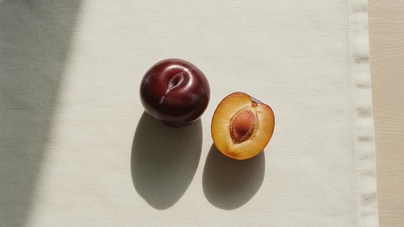 Plum (Alubukhara) — whole and prepared form, top-down still life
