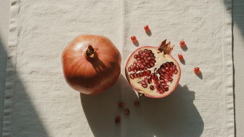 Pomegranate (Dadima) — whole and prepared form, top-down still life