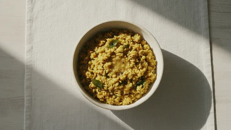 Pongal (Pongala) — whole and prepared form, top-down still life