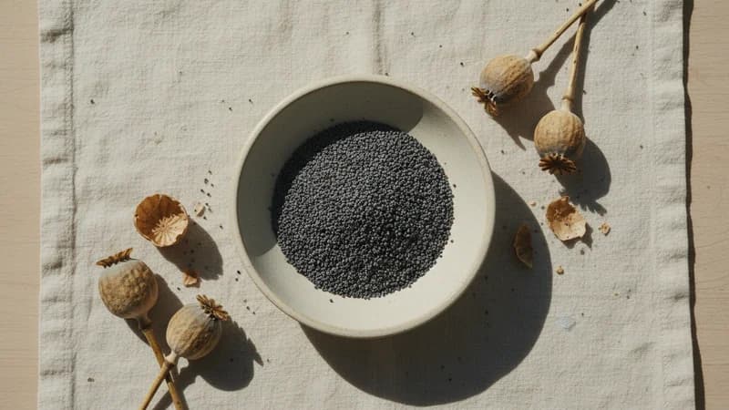 Poppy Seeds (Khaskhas) — whole and prepared form, top-down still life