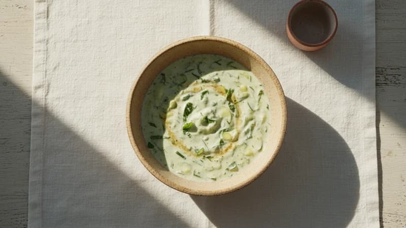 Raita (Raita) — whole and prepared form, top-down still life