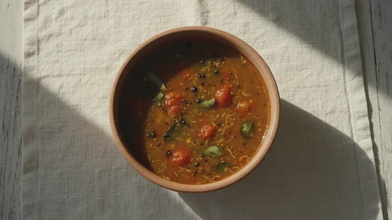 Rasam (Rasam) — whole and prepared form, top-down still life