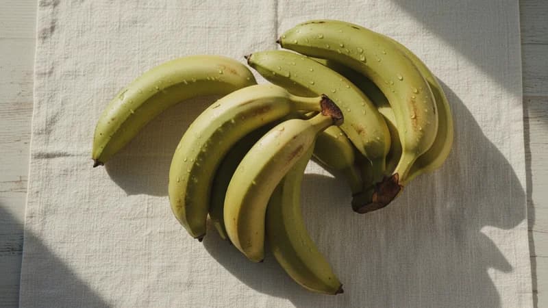 Raw Banana (Plantain) (Kadali) — whole and prepared form, top-down still life