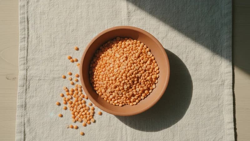 Red Lentils (Masura) — whole and prepared form, top-down still life