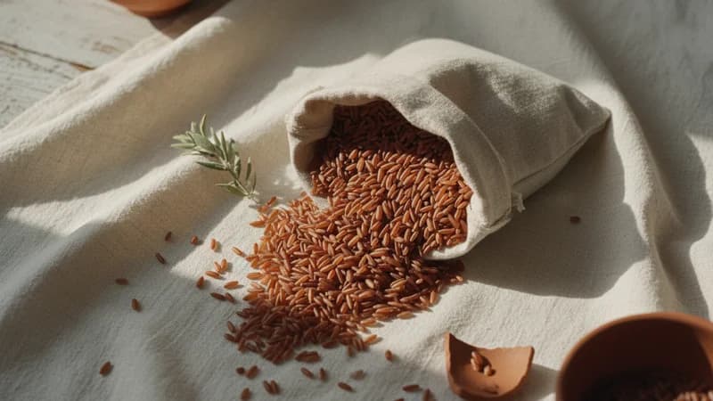 Red Rice (Raktashali) — whole and prepared form, top-down still life