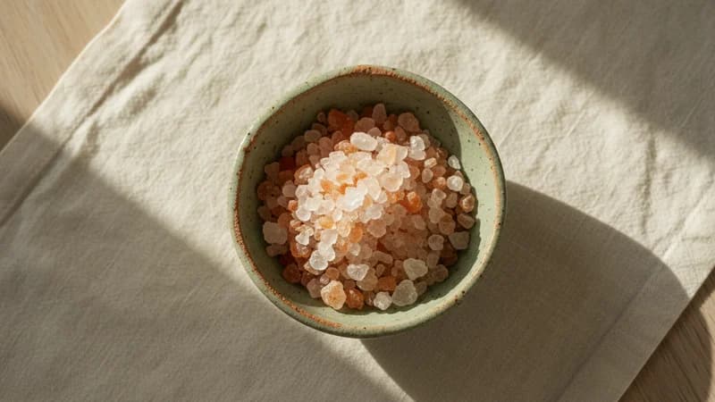 Rock Salt (Sendha Namak) (Saindhava Lavana) — whole and prepared form, top-down still life