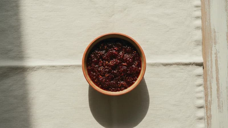 Gulkand (Rose Petal Preserve) (Gulkanda) — whole and prepared form, top-down still life