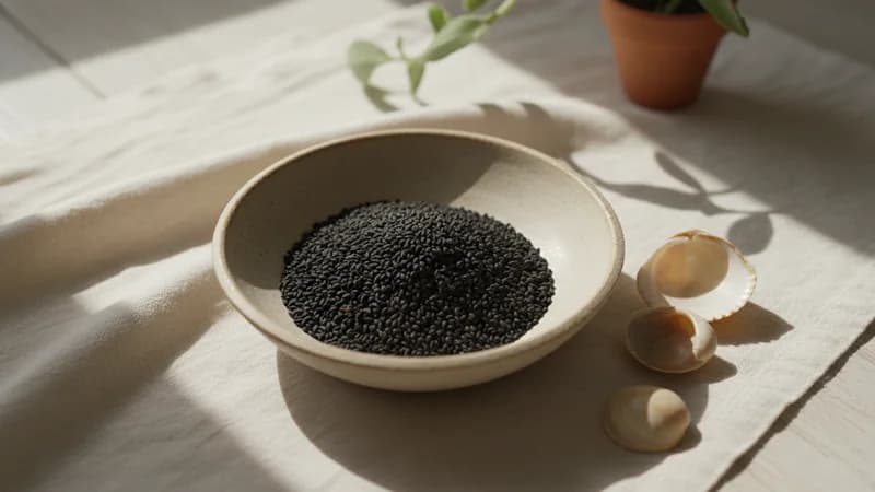 Sabja (Basil Seeds) (Tulasi Bija) — whole and prepared form, top-down still life