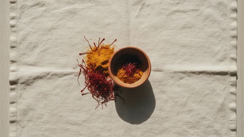 Saffron (Kumkuma) — whole and prepared form, top-down still life