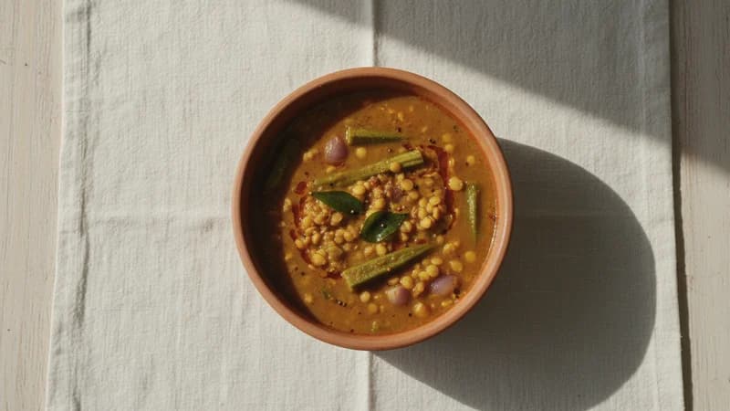 Sambar (Sambara) — whole and prepared form, top-down still life