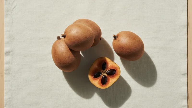 Sapodilla (Chikoo) (Chikku) — whole and prepared form, top-down still life