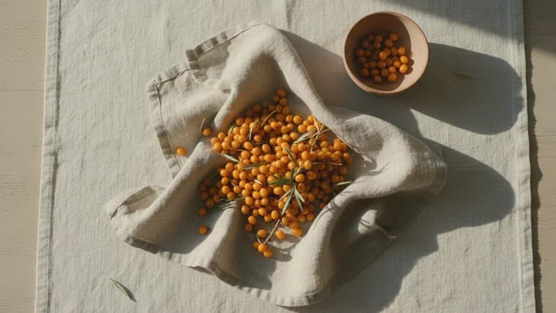 Sea Buckthorn (Amlavetas) — whole and prepared form, top-down still life