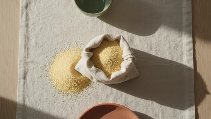 Semolina (Suji) (Godhumarava) — whole and prepared form, top-down still life