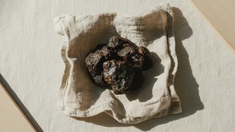 Shilajit (Shilajatu) — whole and prepared form, top-down still life