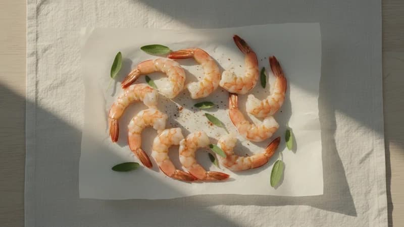 Shrimp (Prawns) (Jhinga) — whole and prepared form, top-down still life