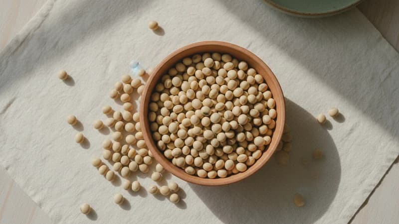 Soybeans (Bhatmasa) — whole and prepared form, top-down still life