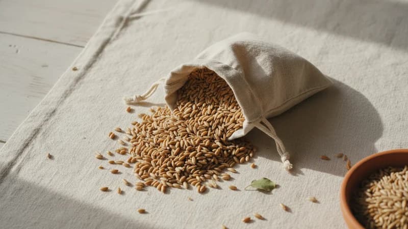 Spelt (Yava Godhuma) — whole and prepared form, top-down still life
