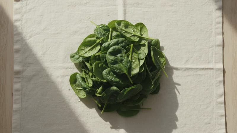 Spinach (Palakya) — whole and prepared form, top-down still life