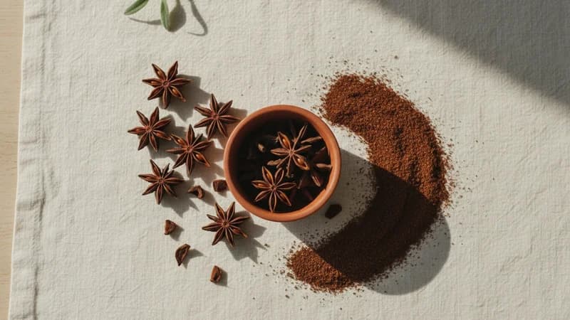 Star Anise (Chakraphula) — whole and prepared form, top-down still life