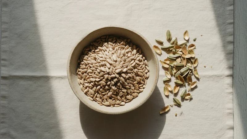 Sunflower Seeds (Suryamukhi Bija) — whole and prepared form, top-down still life