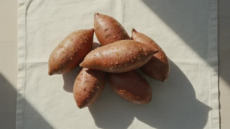 Sweet Potato (Madhura Aluka) — whole and prepared form, top-down still life