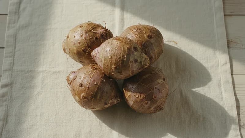 Taro Root (Aaluki) — whole and prepared form, top-down still life