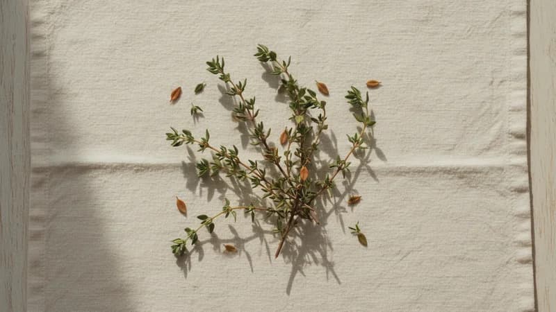 Thyme (Ajagandha) — whole and prepared form, top-down still life